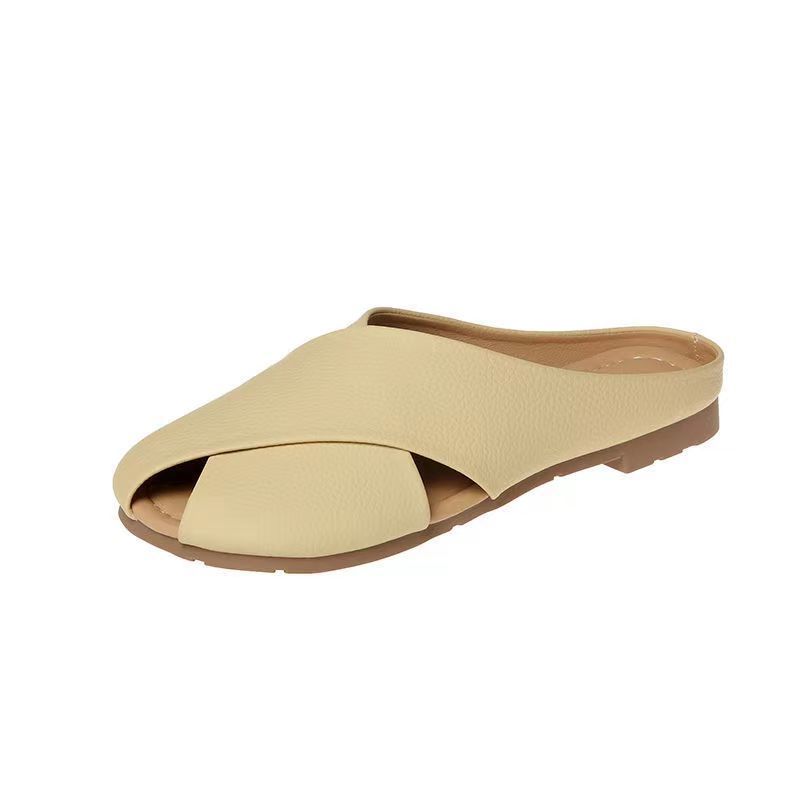 Real soft leather Baotou half slippers women’s outer wear 22 spring, autumn and summer new Muller lazy pregnant women flat small leather shoes half support