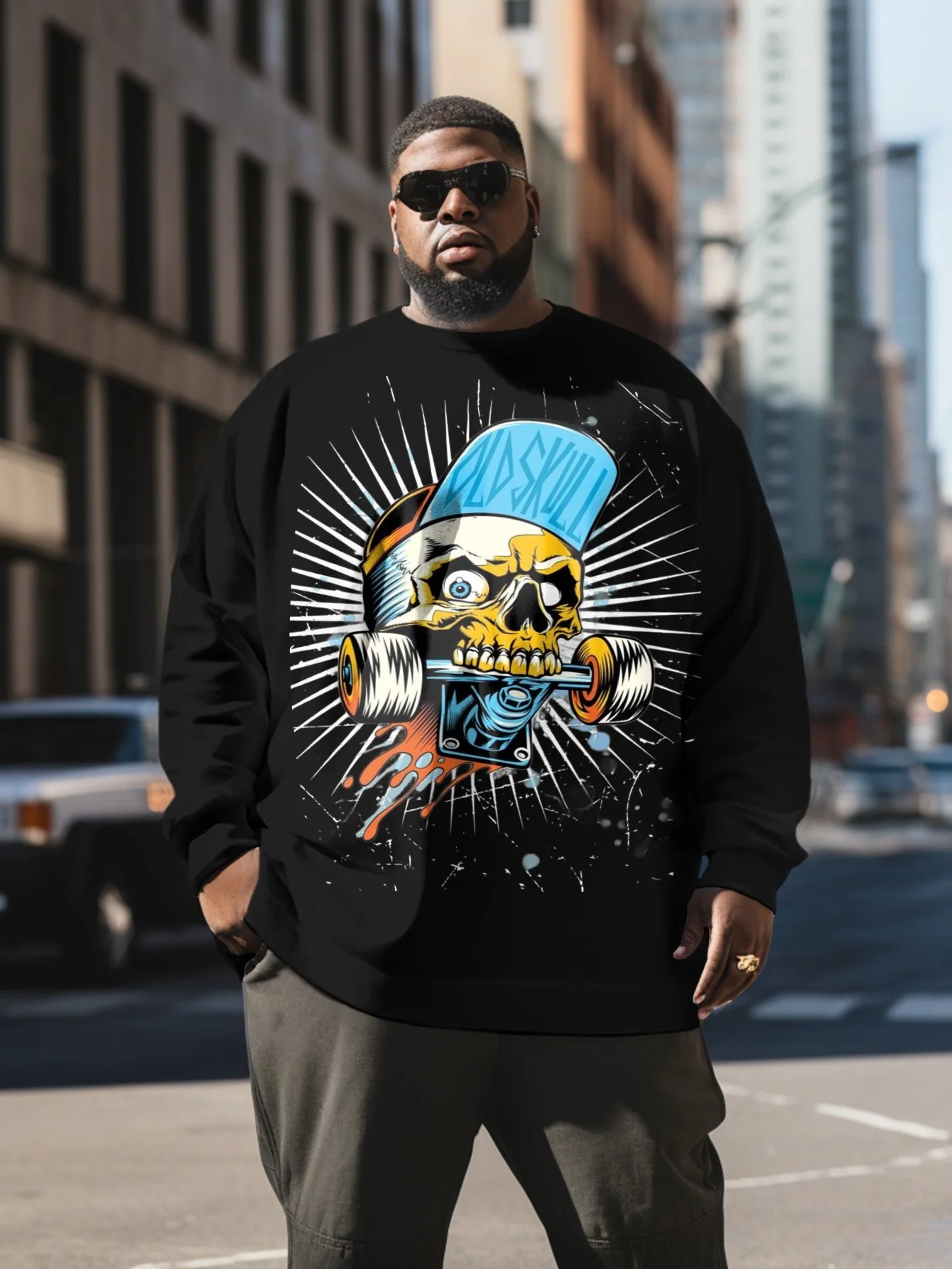 Men's Plus Size Skull Weightlifting Dumbbell Black Sweatshirt