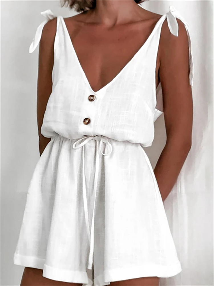 Tied Strap Button Up Drawstring Jumpsuit