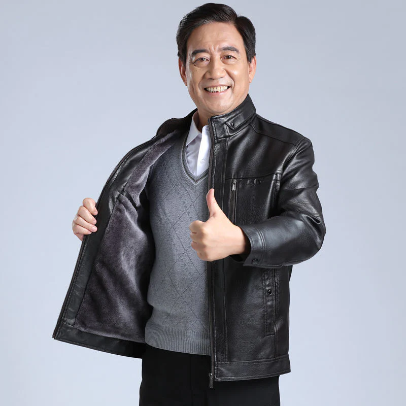 Men's Fleece-lined Thickening Stand Collar Loose Leather Coat