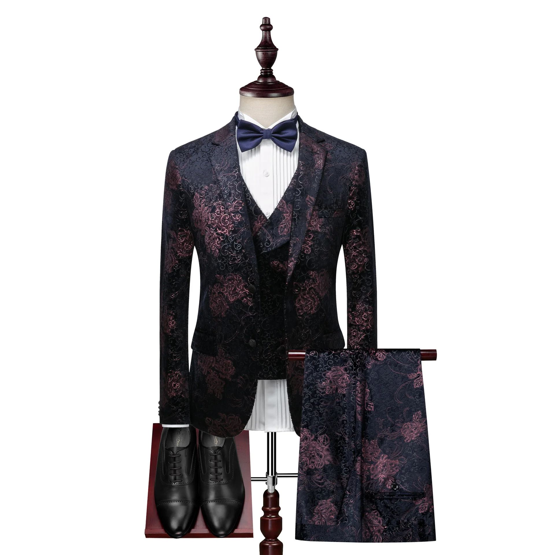 New Two-Button Velvet Printed Suit Three-Piece  Men's Suit