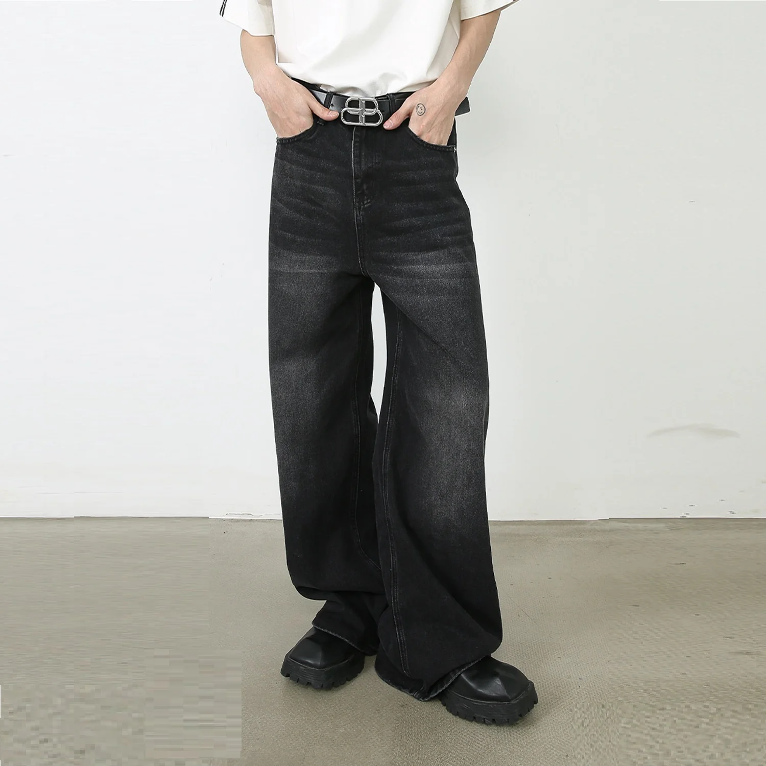Men's Pu Shuai Korean Version Loose Washed-out Straight Wide Leg Mop Pants