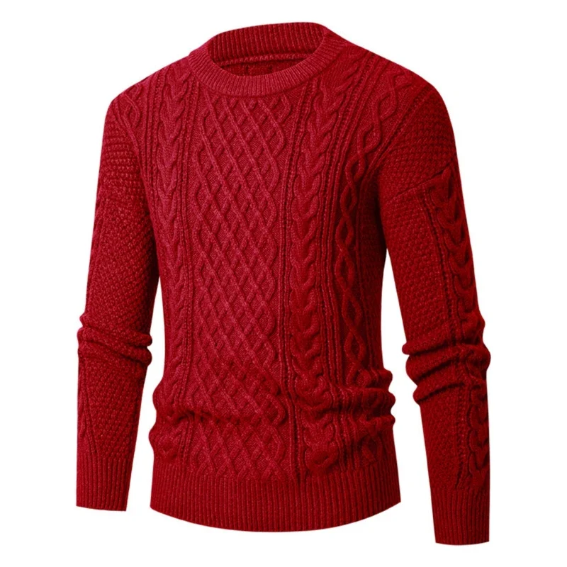 Autumn Winter Mens Crewneck Sweater Cable Twisted Knitting Warm Fit