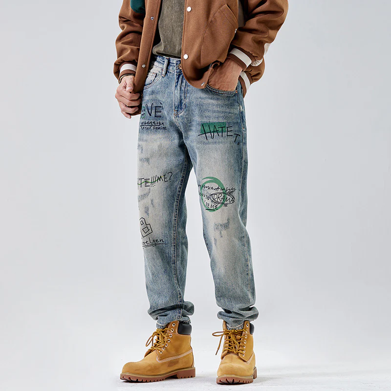 American Print Denim Casual Loose Straight Dad Trousers For Men