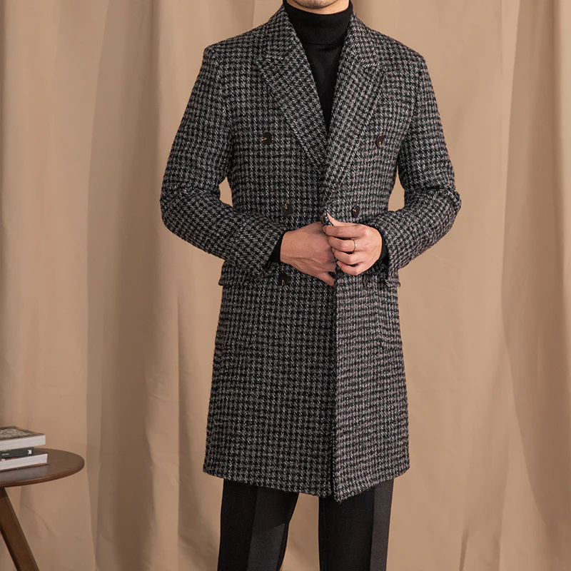 Wool Double Breasted Houndstooth Coat Mid-length Coat