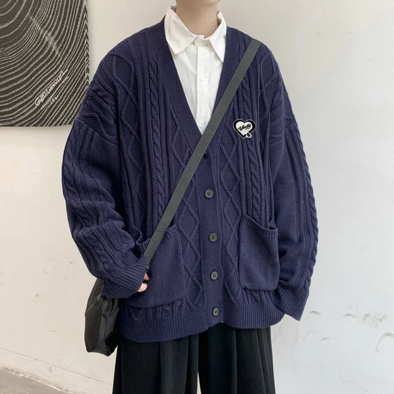 Cable-Knit Sweater Cardigan Men Fashion V-neck Big Pockets