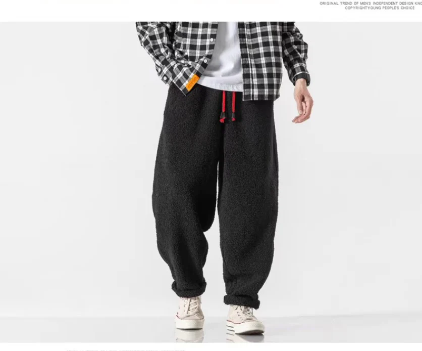 Fall Winter Men Thick Retro Grain Lambswool Thermal Casual Trousers