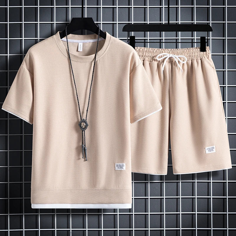 Men's Waffle Sets Casual T-Shirt And Shorts Set