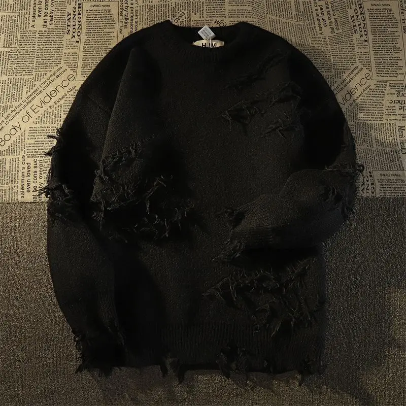 Hole Fringed Sweater Loose Versatile Sweater For Men And Women Long Sleeve Sweater