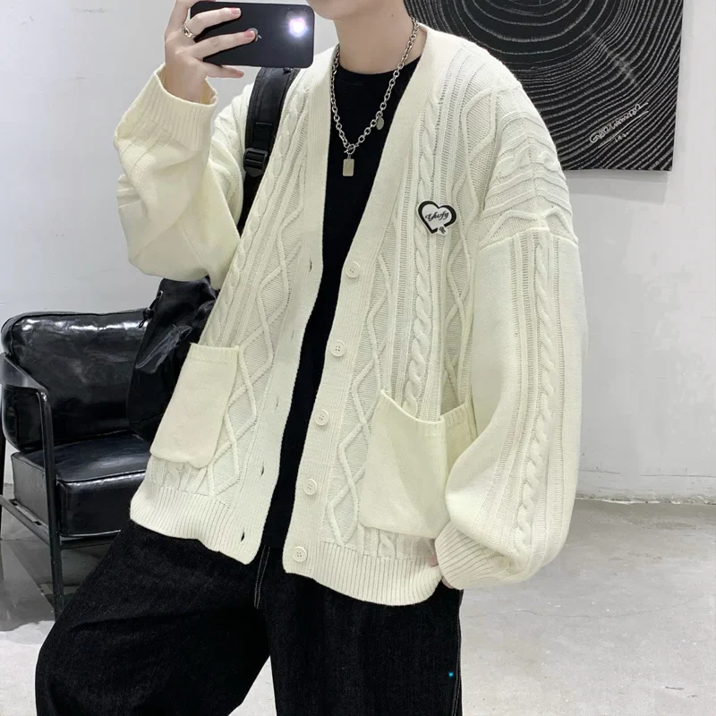 Cable-Knit Sweater Cardigan Men Fashion V-neck Big Pockets