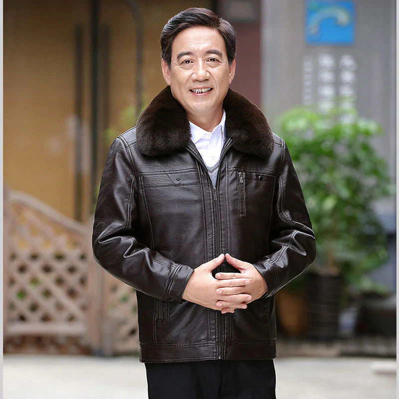 Men's Fleece-lined Thickening Stand Collar Loose Leather Coat