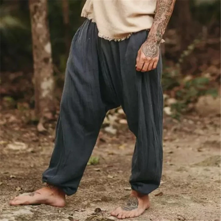 Men's Cotton And Linen Pure Color Tied Loose Casual Trousers