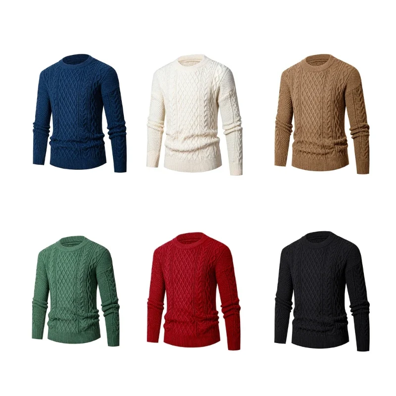Autumn Winter Mens Crewneck Sweater Cable Twisted Knitting Warm Fit