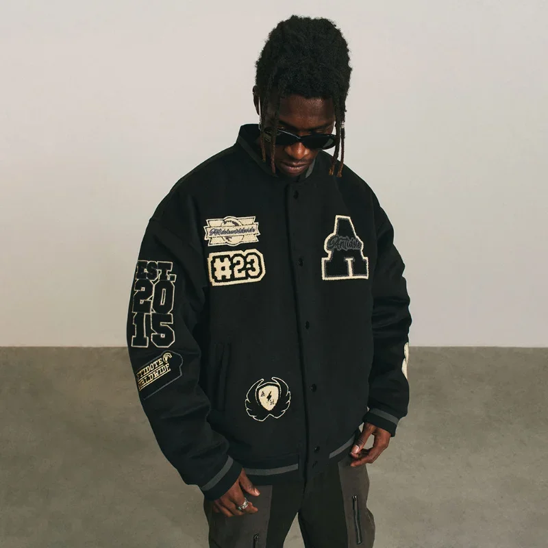 Men's baseball V-neck loose embroidery jacket