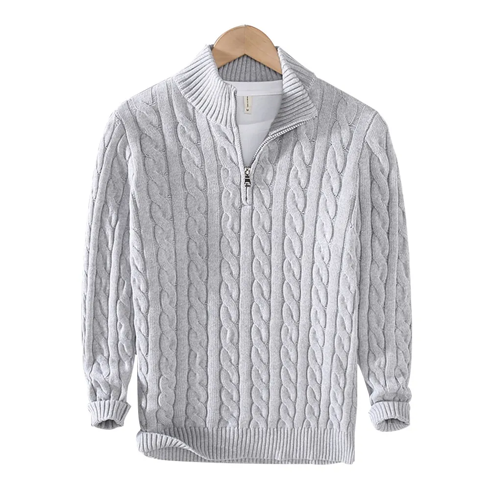 Cable Knit Sweater With Zipper High Collar Pullovers Zipper