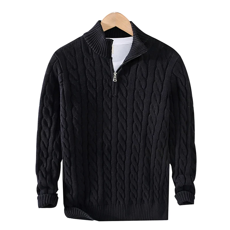 Cable Knit Sweater With Zipper High Collar Pullovers Zipper
